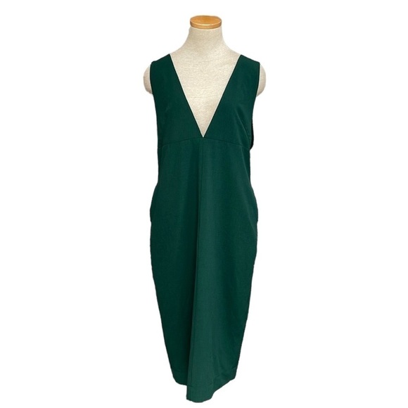 Simple Retro Dress Womens Large Green V-Neck Midi Sleeveless Open Back - Picture 1 of 17